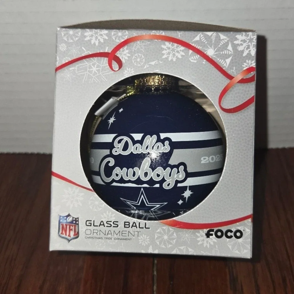 Dallas Cowboys NFL FOCO Glass Ball Christmas Ornament Navy Blue Silver 2025 1960